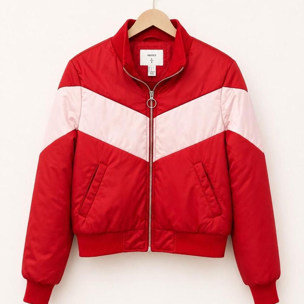Forever 21 Women’s Red Pink Chevron Puffer Bomber Jacket Small Y2K